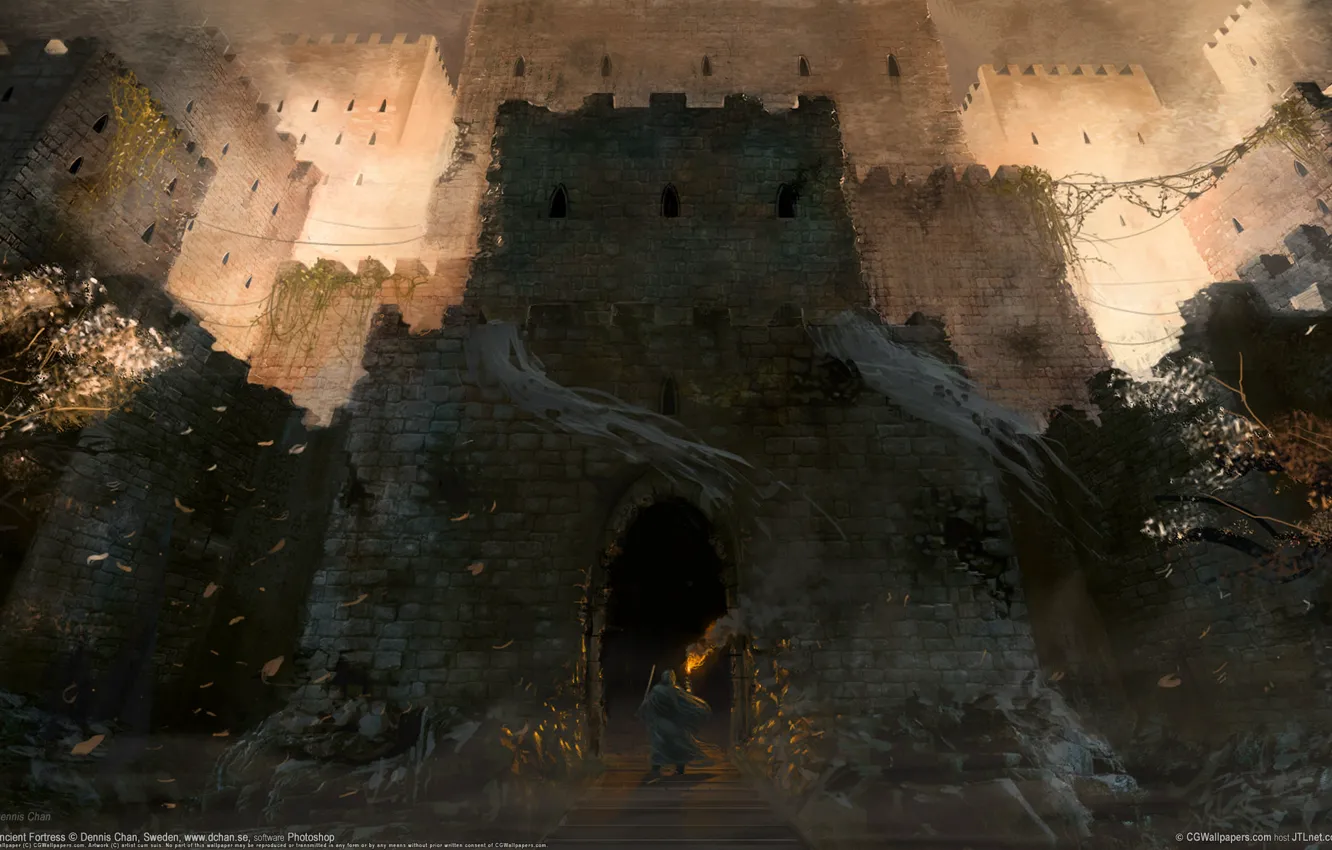 Photo wallpaper castle, torch, traveler