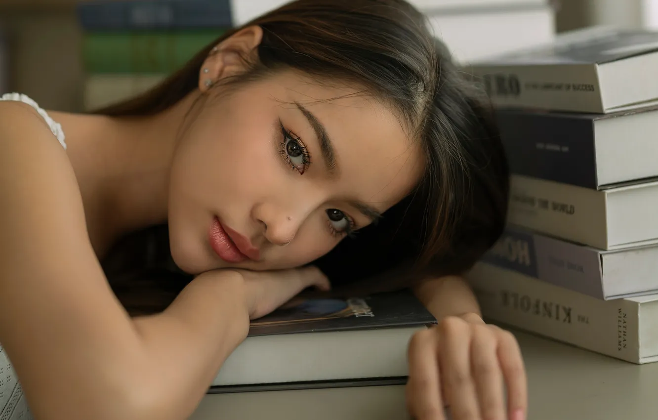 Photo wallpaper brunette, book, Asian, Arnie