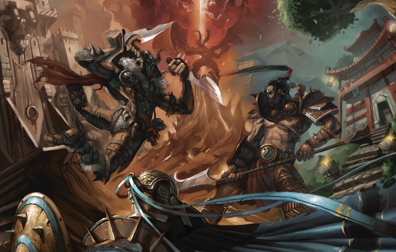 Photo wallpaper darkness, blade, the demon, warrior, spear, battle, art