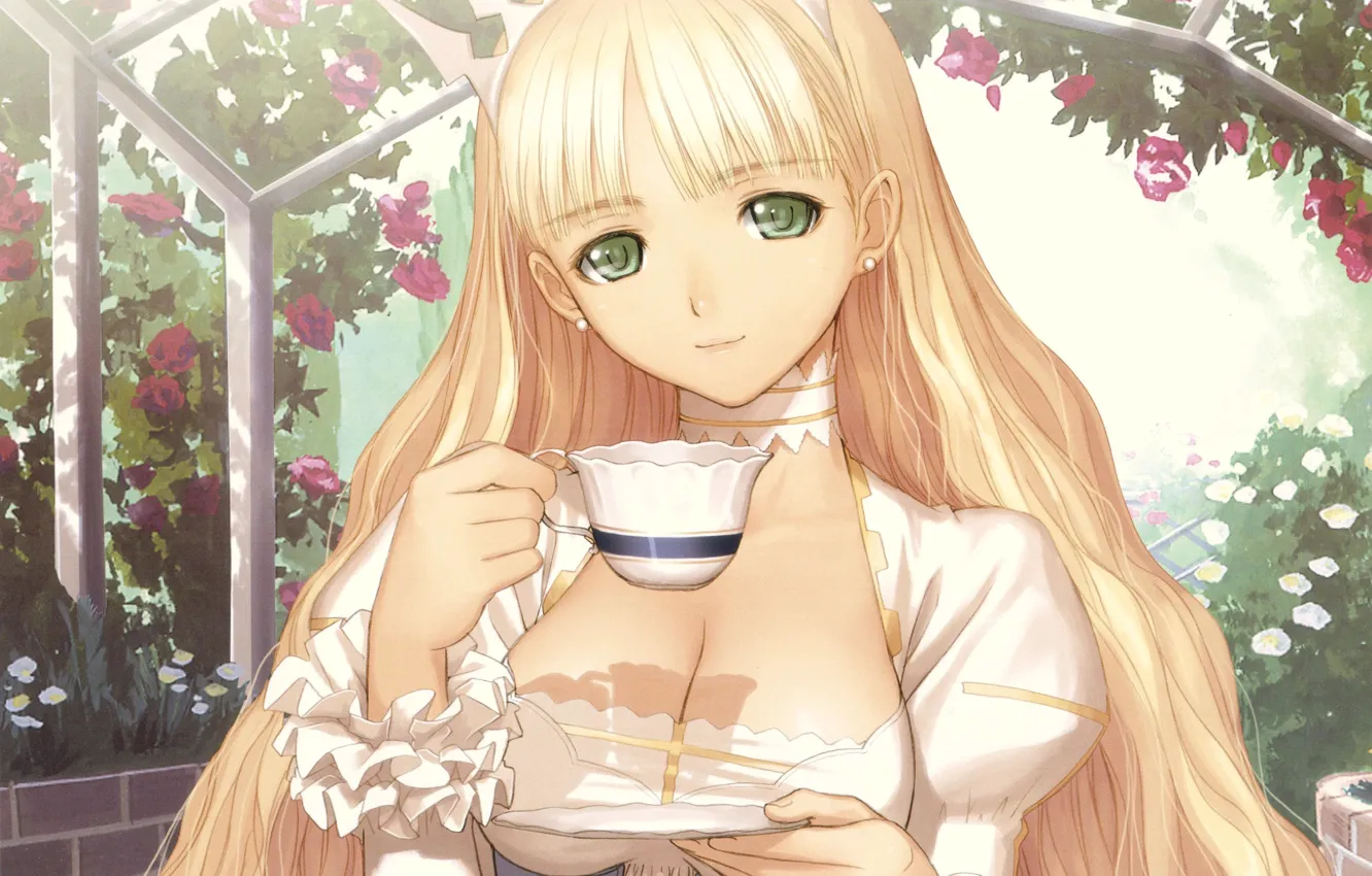 Photo wallpaper roses, garden, Cup, arch, bow, long hair, art, shining wind