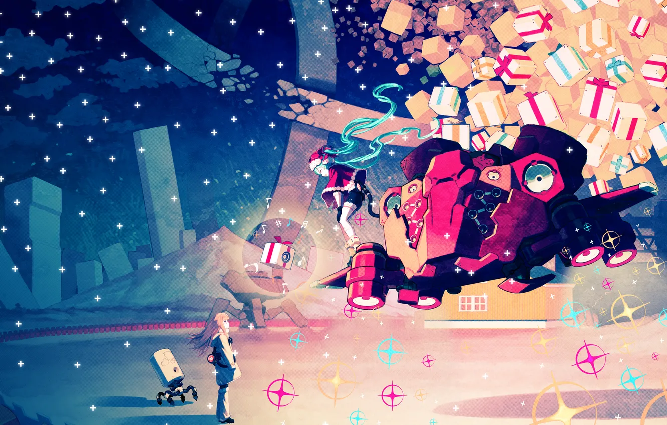 Photo wallpaper girl, clouds, snow, night, gift, robot, vocaloid, Vocaloid