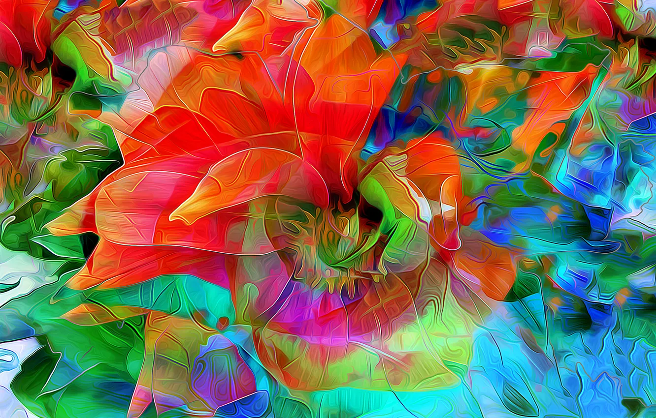Photo wallpaper line, flowers, rendering, paint, petals
