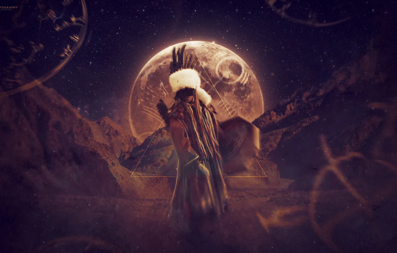 Photo wallpaper rocks, the moon, spirit, Spirit, desktopography, Indian, shaman, digital art