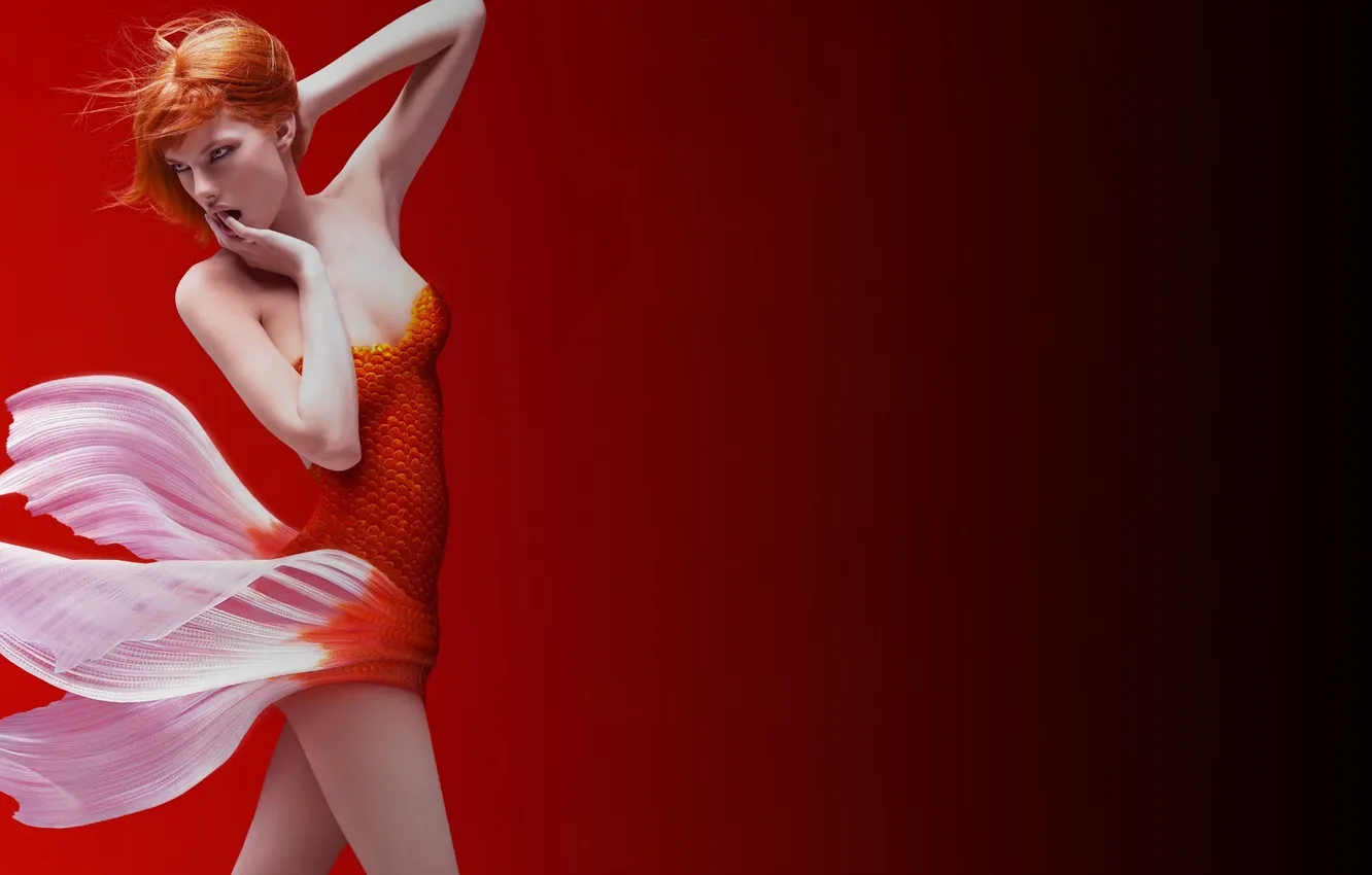 Photo wallpaper girl, fish, scales, red background