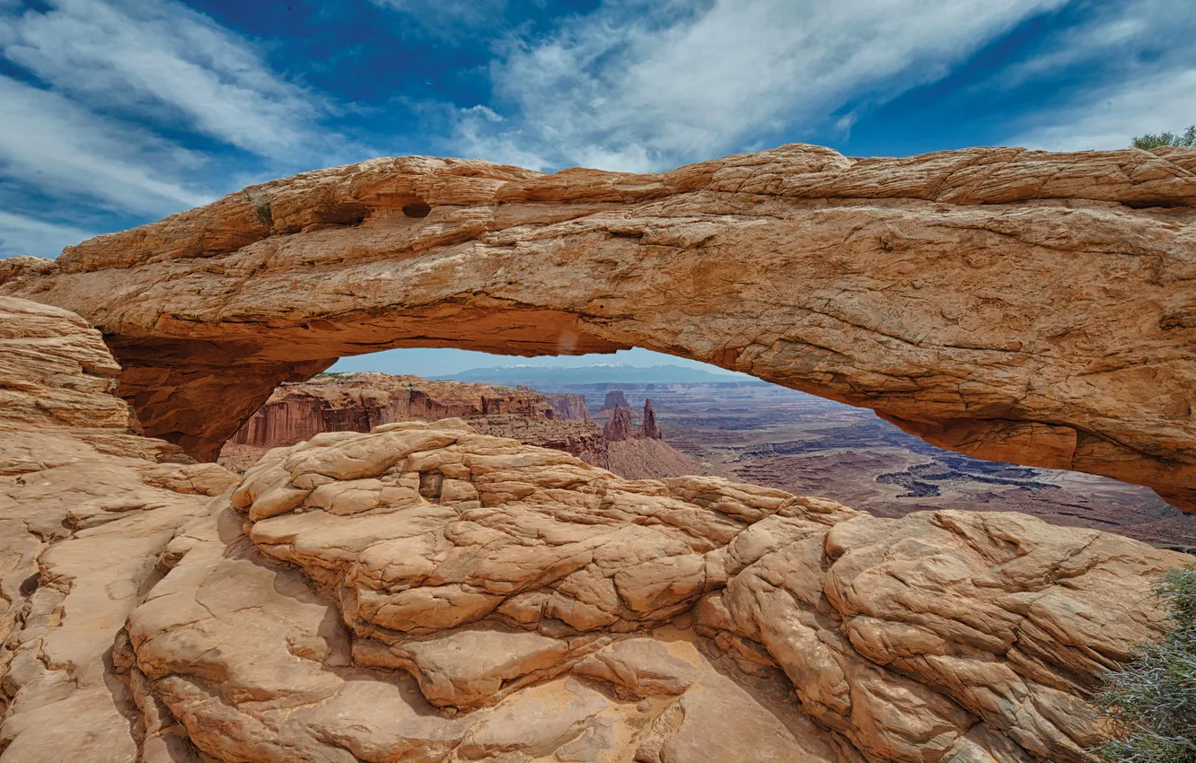 Photo wallpaper the sky, clouds, mountains, rocks, arch