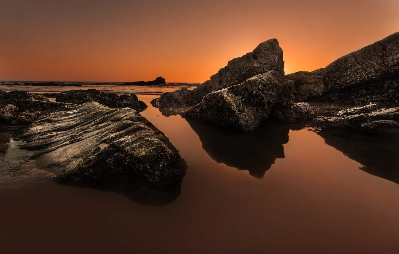 Photo wallpaper sea, the sky, sunset, stones, rocks
