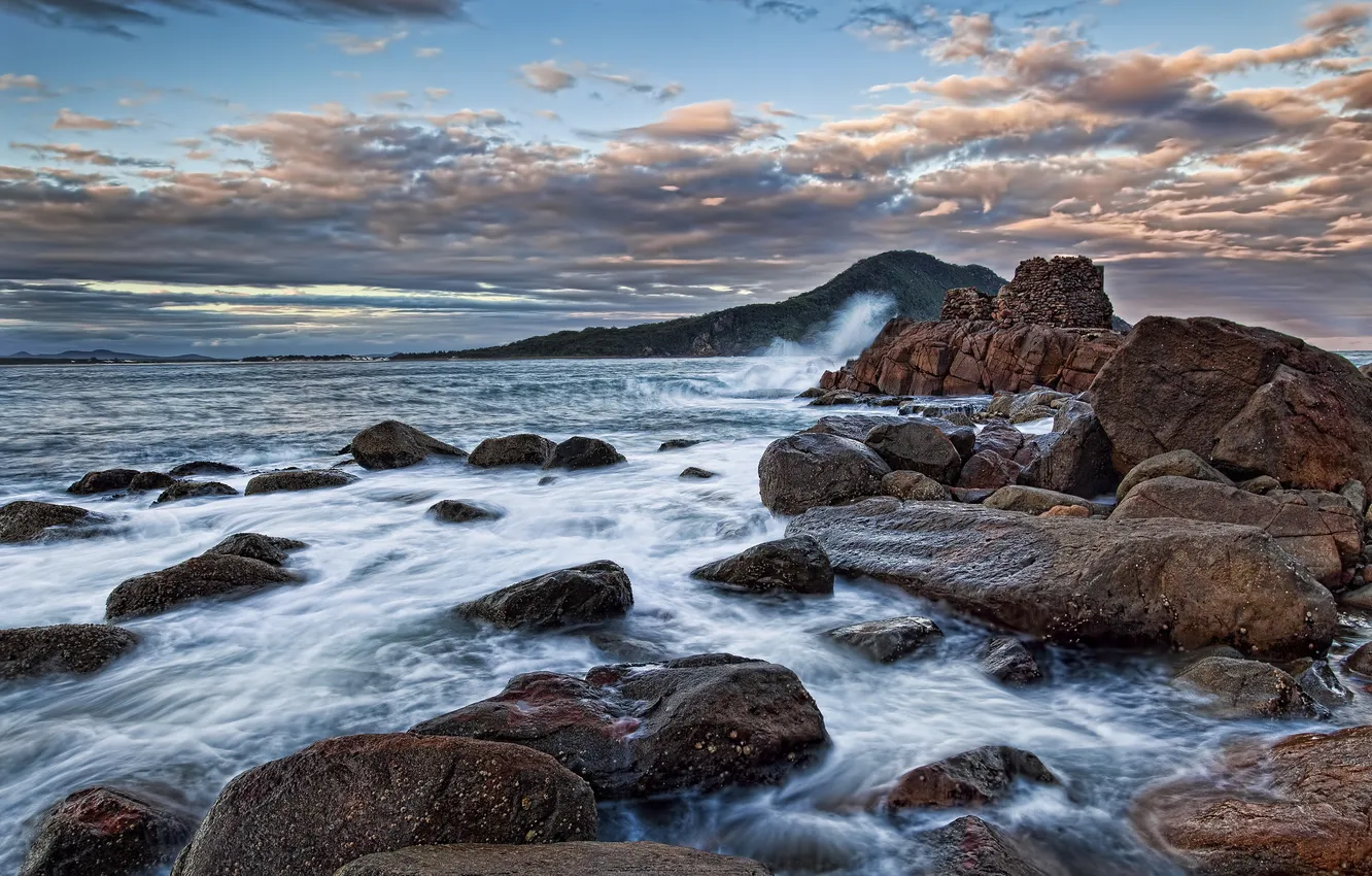 Photo wallpaper sea, landscape, sunset, stones