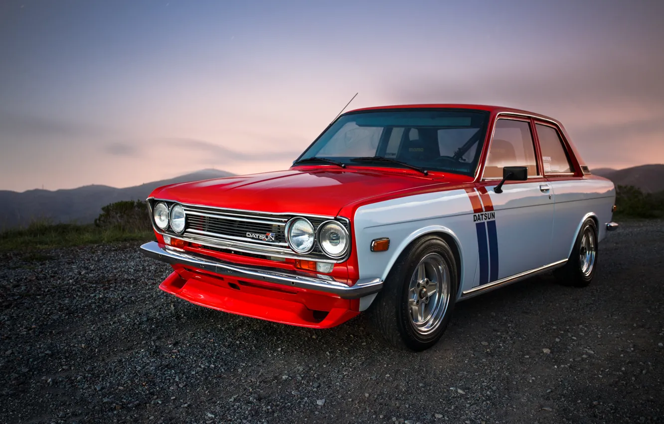 Photo wallpaper red, Datsun, 510, chromium, withe