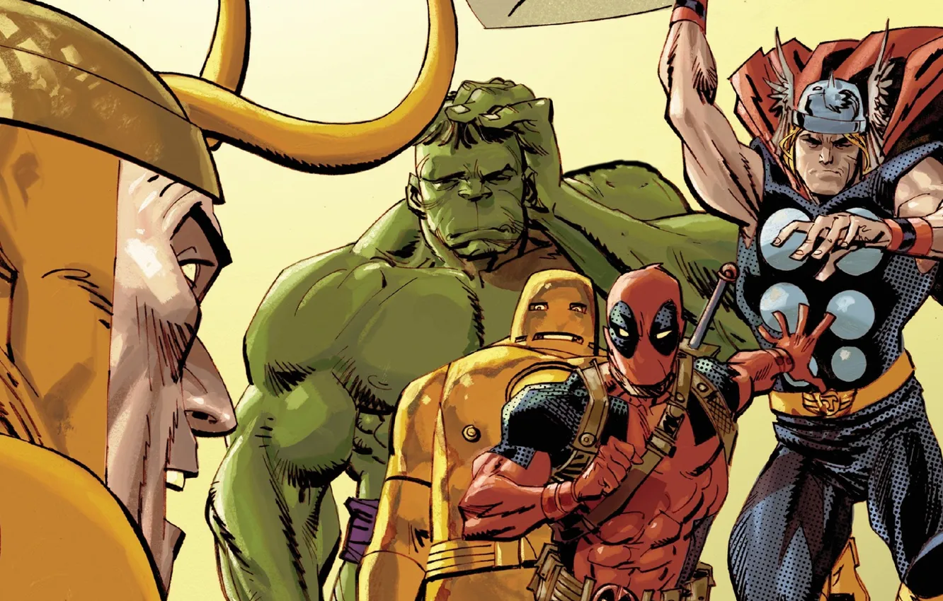 Photo wallpaper red, Hulk, Hulk, Iron man, Deadpool, Deadpool, Iron man, comics