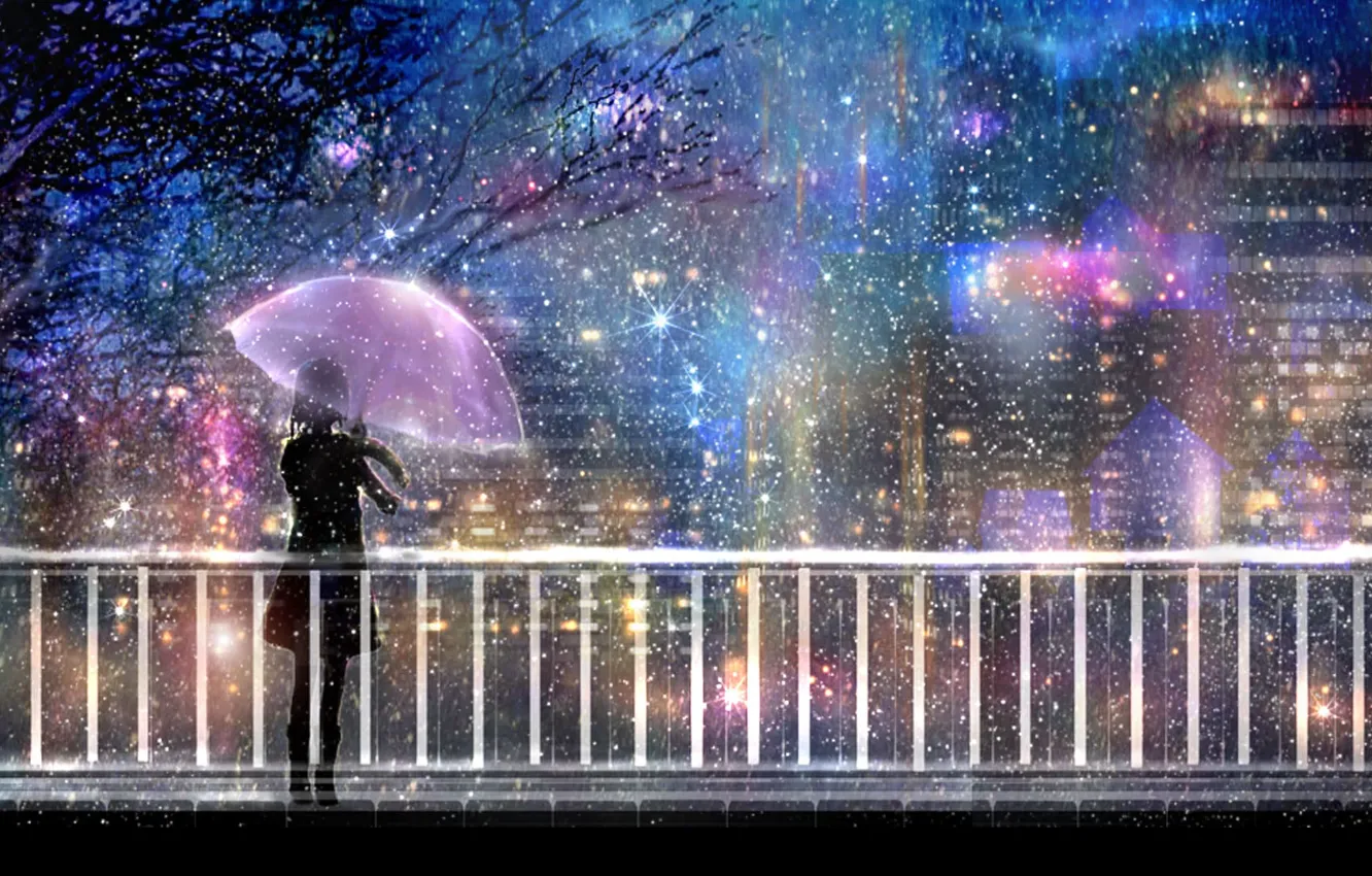 Photo wallpaper light, night, bridge, the city, lights, rain, umbrella, silhouette