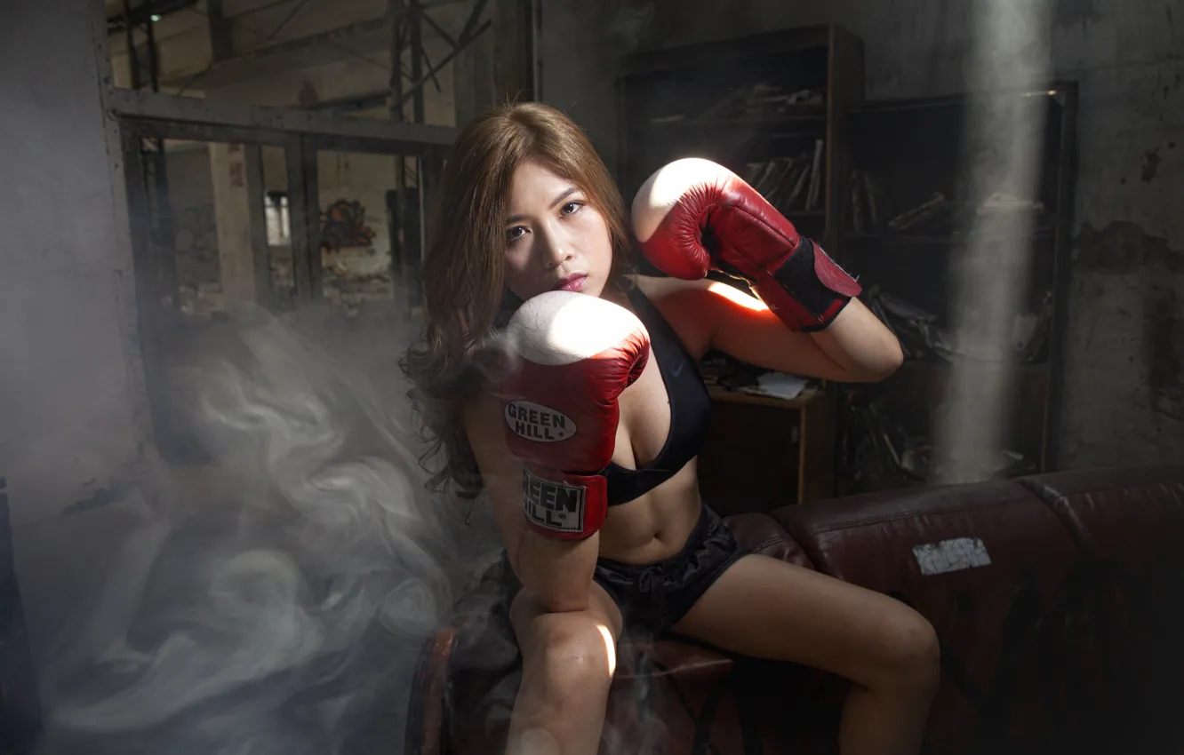 Photo wallpaper look, girl, face, sport, smoke, Boxing, gloves, Asian