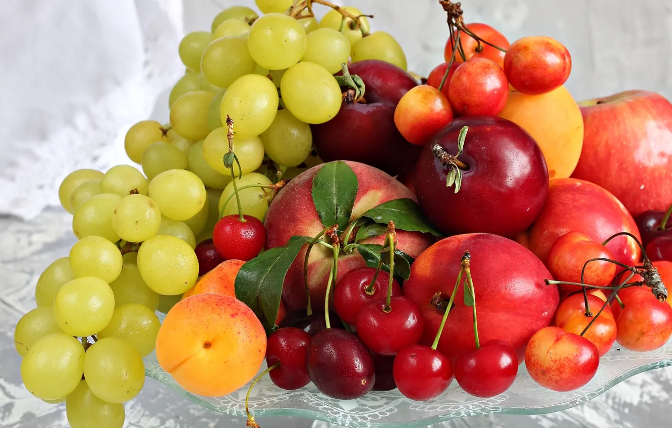 Photo wallpaper grapes, fruit, cherry, apricots, nectarine