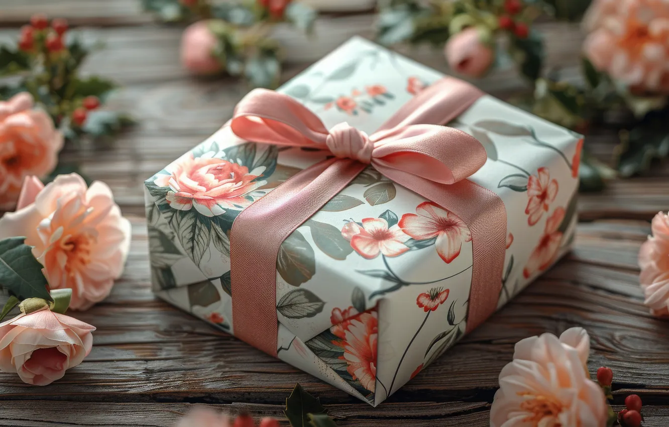 Photo wallpaper flowers, box, gift, Board, pink, bow, AI art, universal holiday background