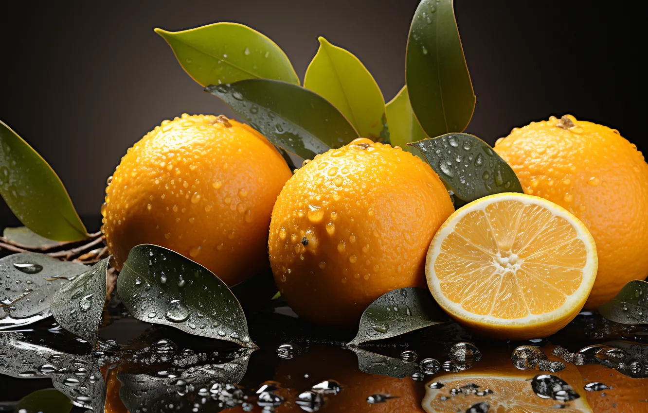 Photo wallpaper leaves, water, drops, close-up, table, moisture, oranges, fruit