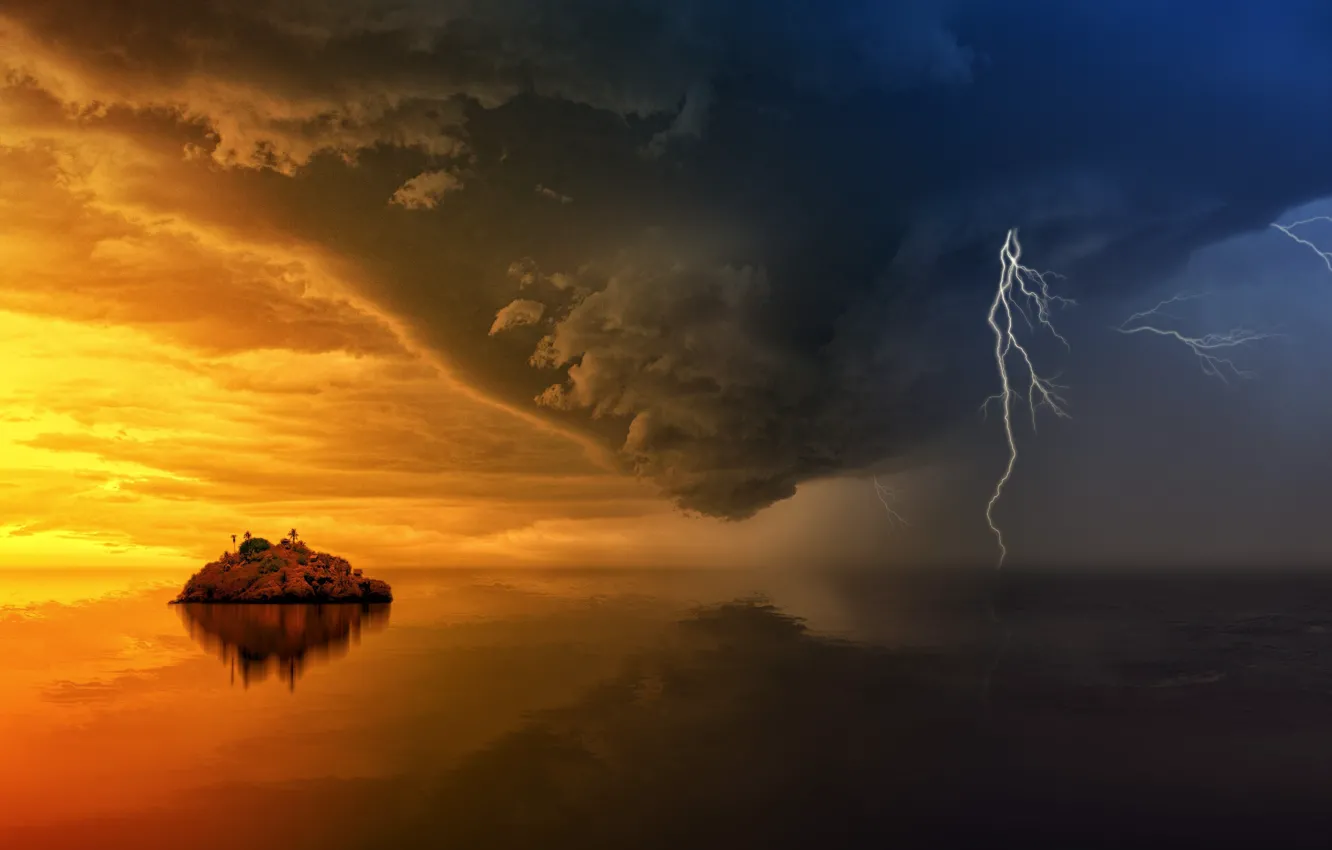 Photo wallpaper clouds, island, thunder