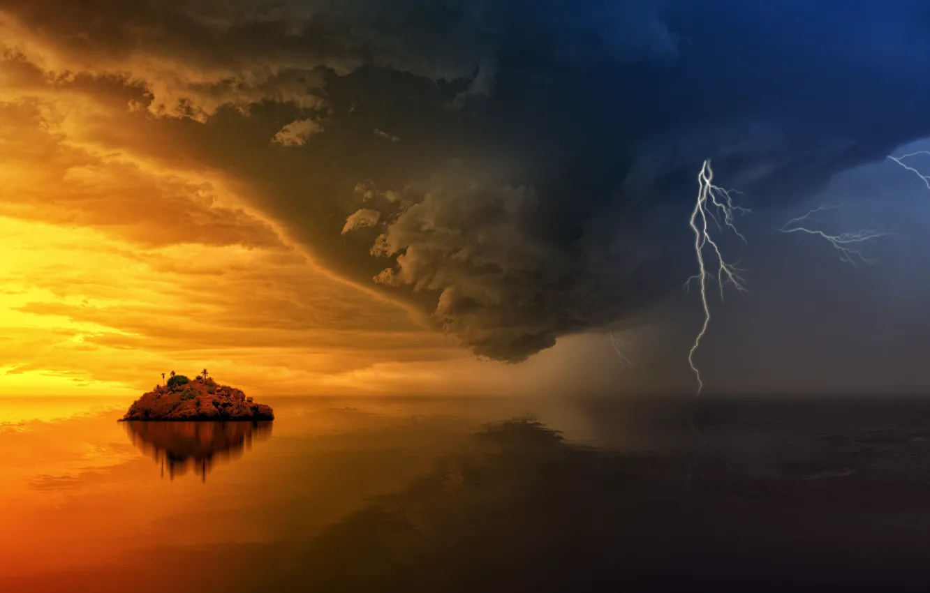 Photo wallpaper clouds, island, Thunder