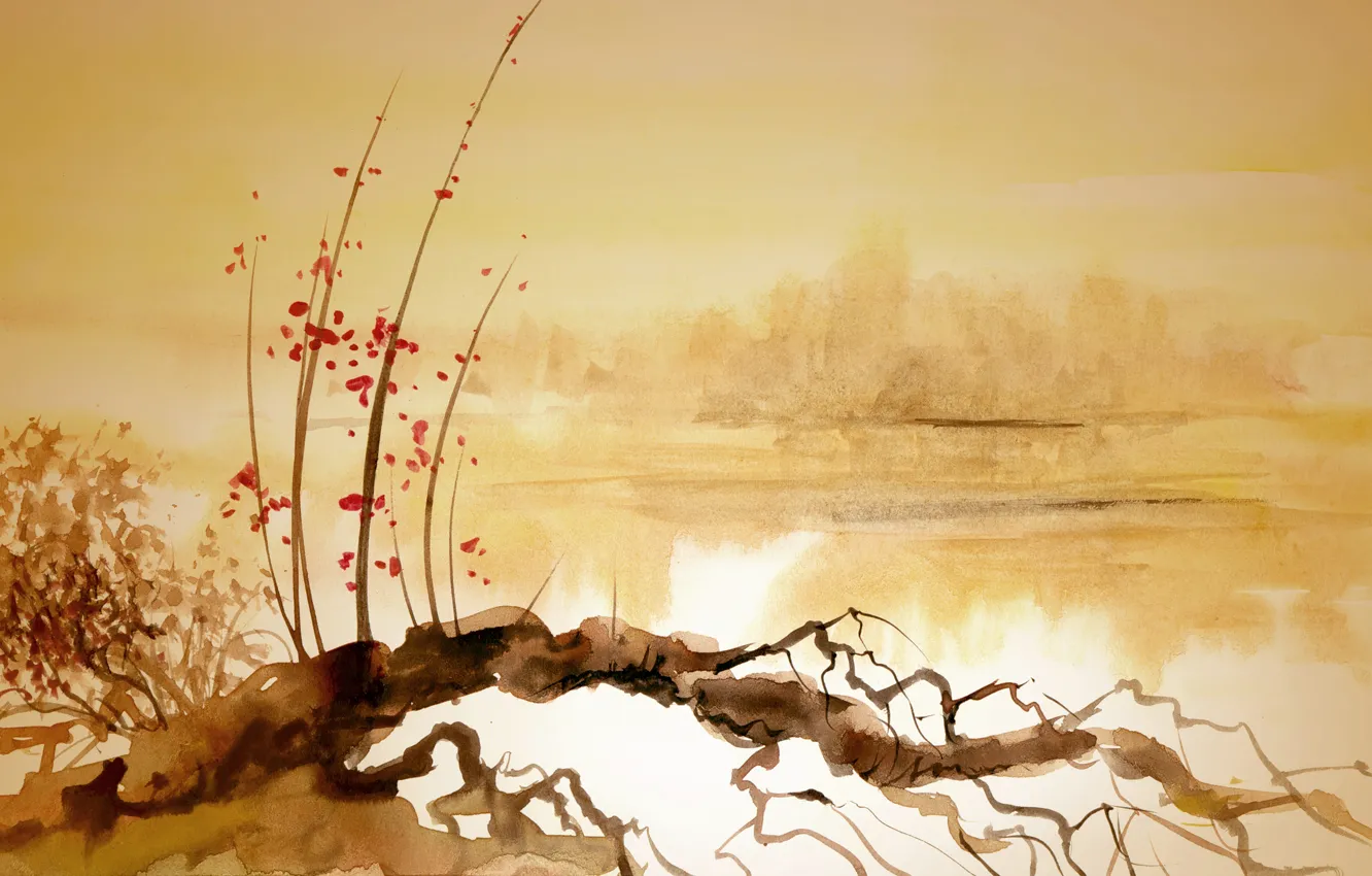 Photo wallpaper river, snag, Chinese painting