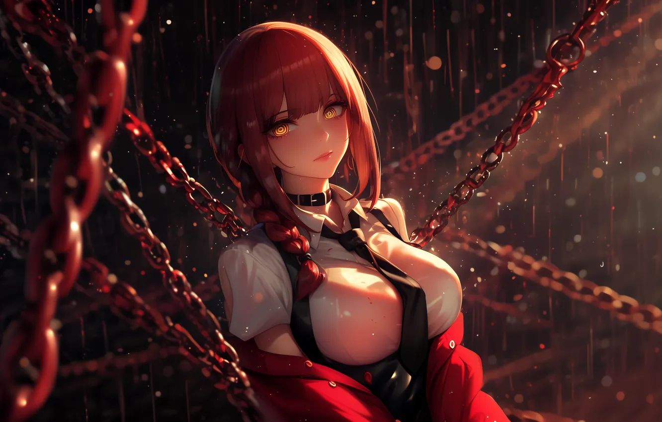 Photo wallpaper red hair, chain, red hair, art, chains, white shirt, chainsaw man, makima