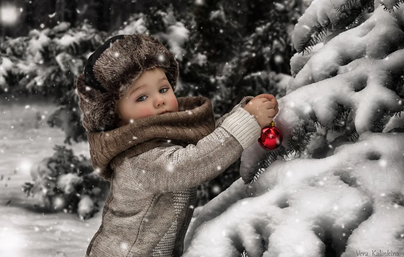 Photo wallpaper winter, snow, toy, tree, boy