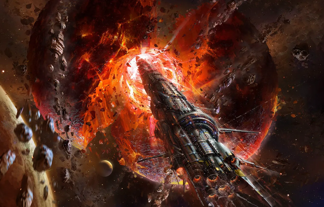 Photo wallpaper fiction, planet, asteroids, destruction, space, fantasy, Spacecrafts, the rift