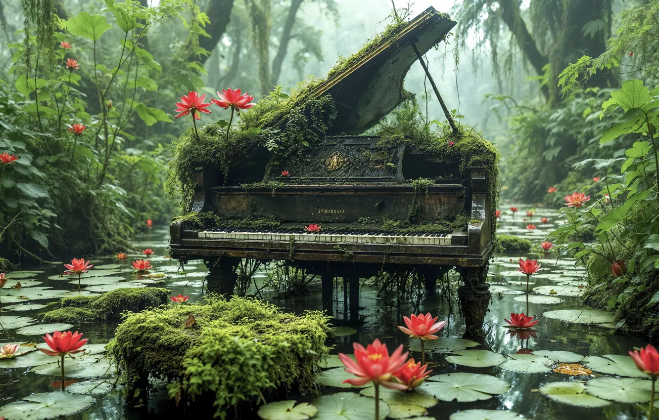 Photo wallpaper flowers, piano, art