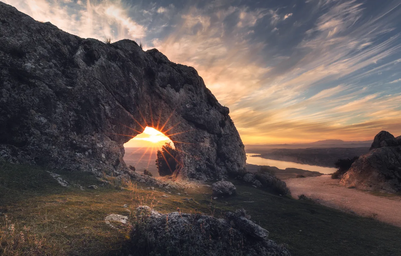 Photo wallpaper the sun, rocks, shore, slope, arch, pond