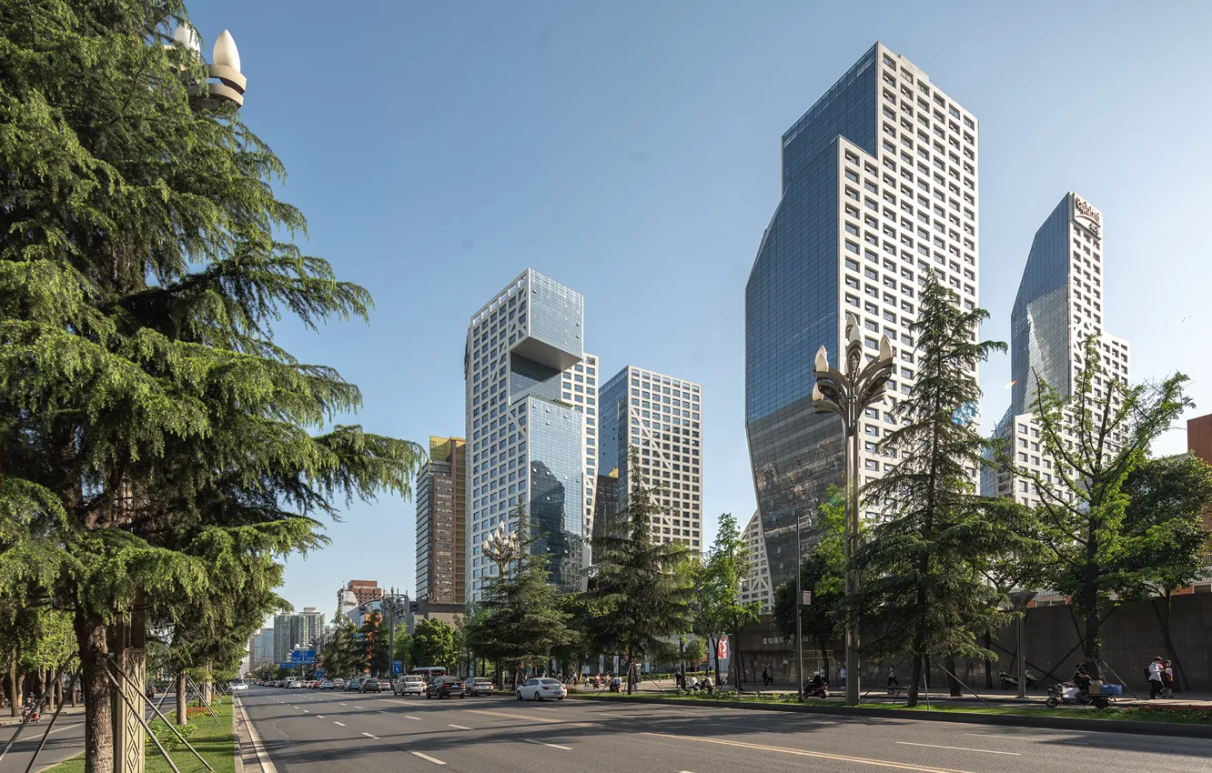 Photo wallpaper road, trees, building, Chengdu, Sliced Porosity Block