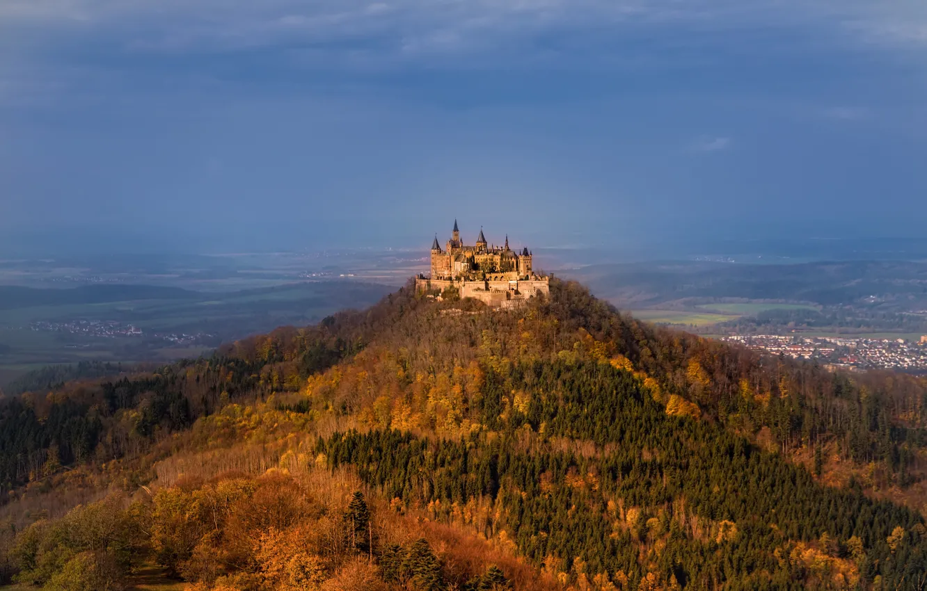 Photo wallpaper autumn, forest, castle, mountain, Germany, valley, panorama, Germany