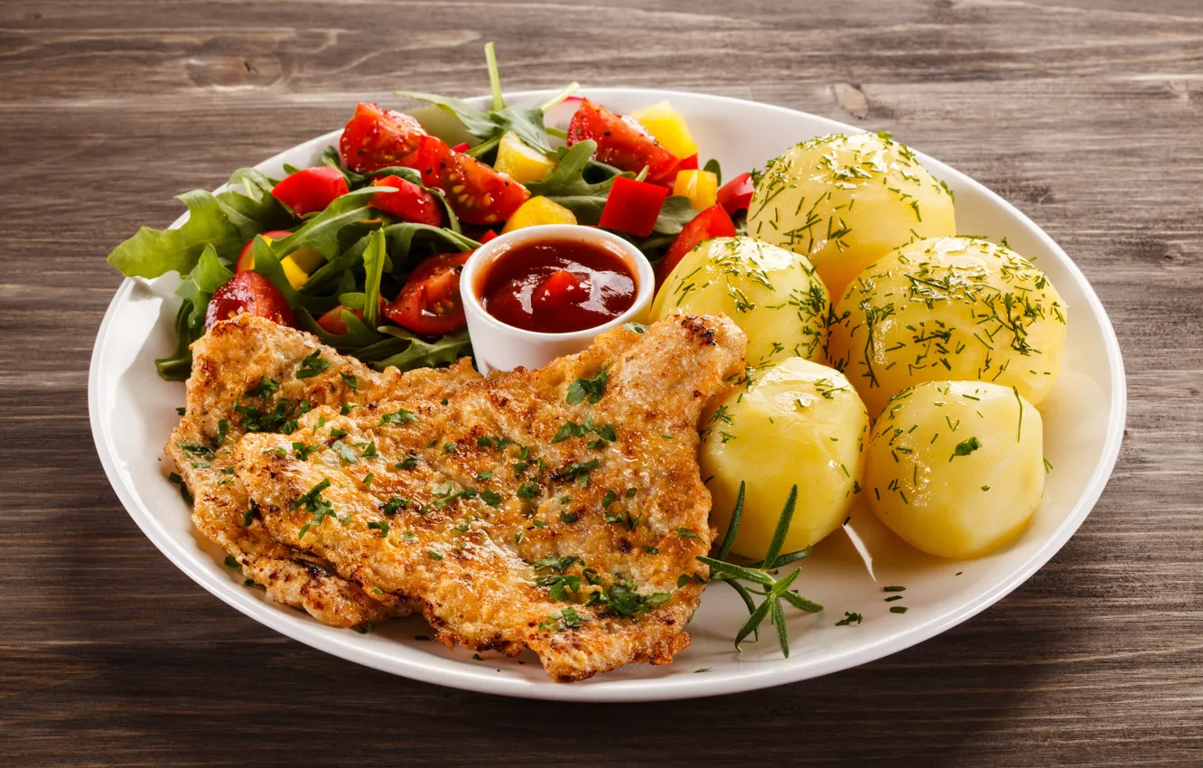 Photo wallpaper food, plate, ketchup, potatoes, Meat products, Main Dishes