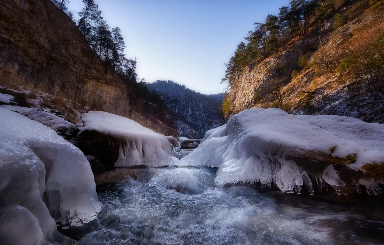 Photo wallpaper ice, landscape, mountains, nature, river, KCR, Karachay-Cherkessia, Alexey Bagaryakov