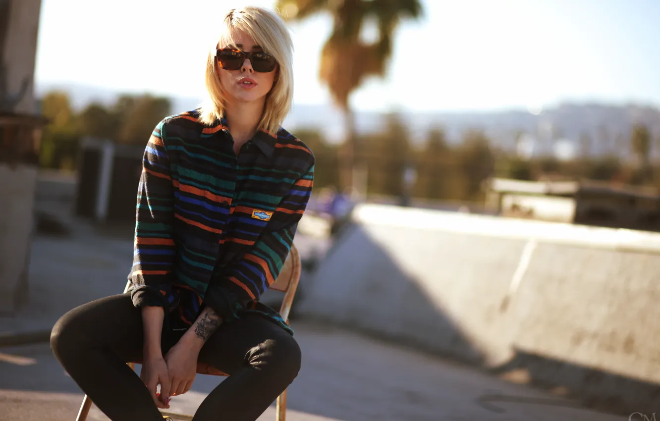 Photo wallpaper girl, woman, stripes, model, chair, tattoo, blonde, female