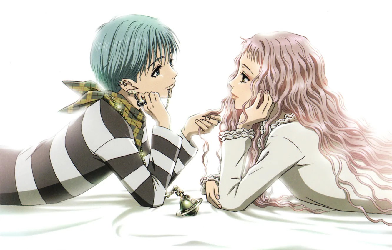 Photo wallpaper piercing, lighter, white background, two, Nana, pink hair, curly hair, reira serizawa