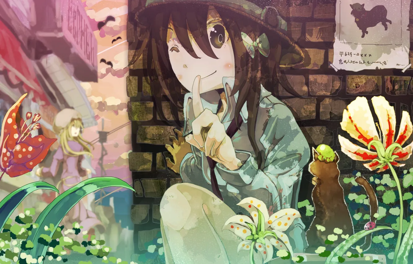 Photo wallpaper the sky, cat, girl, clouds, sunset, flowers, the city, bird