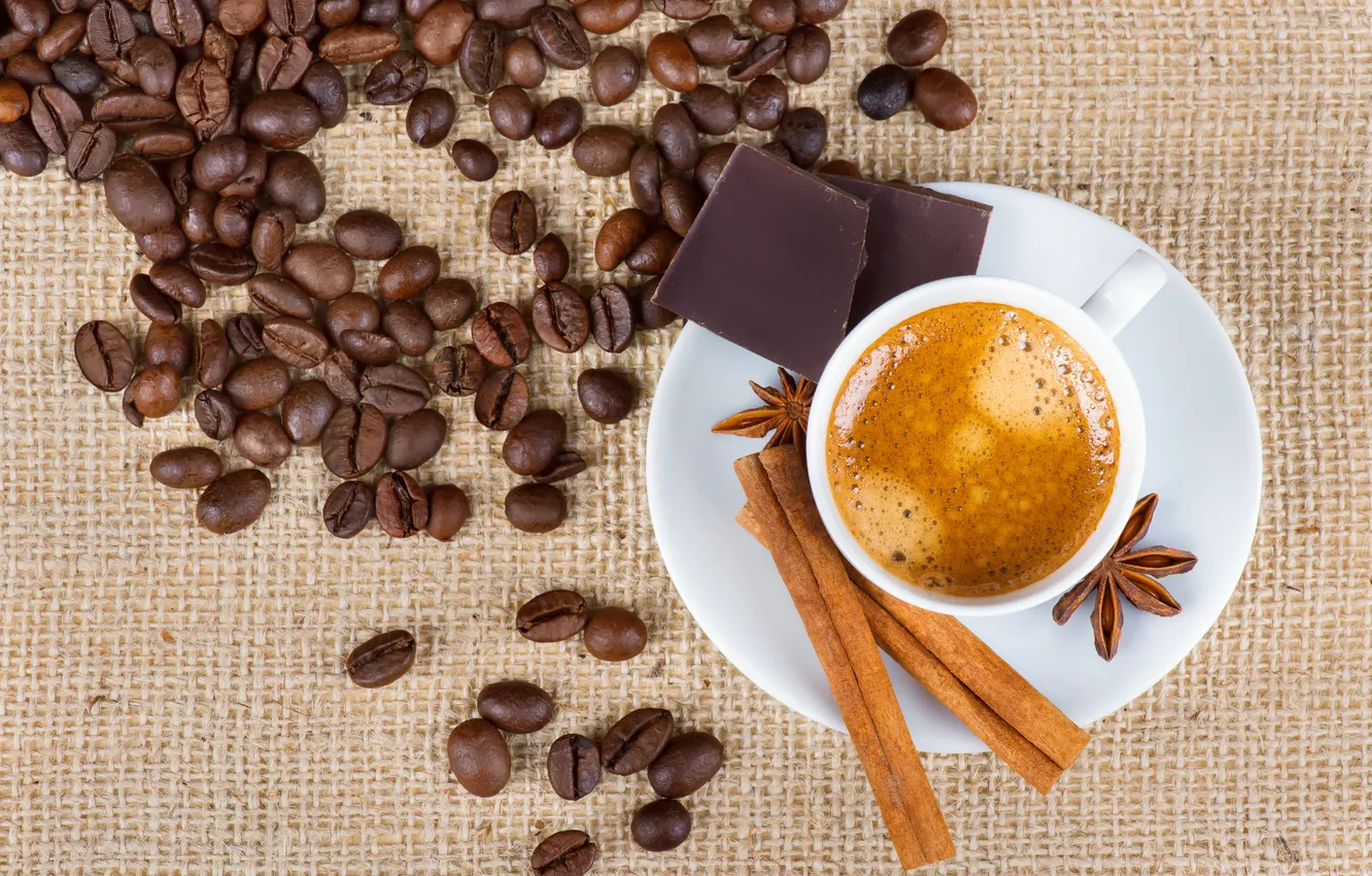 Photo wallpaper foam, coffee, grain, drink, saucer, cinnamon. star anise