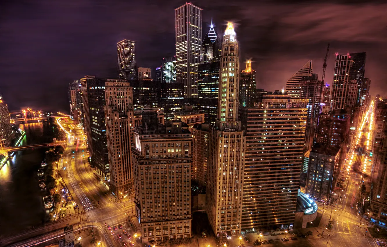 Photo wallpaper machine, night, lights, movement, street, people, building, height