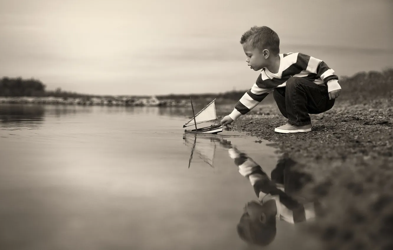 Photo wallpaper boy, boat, monochrome photo