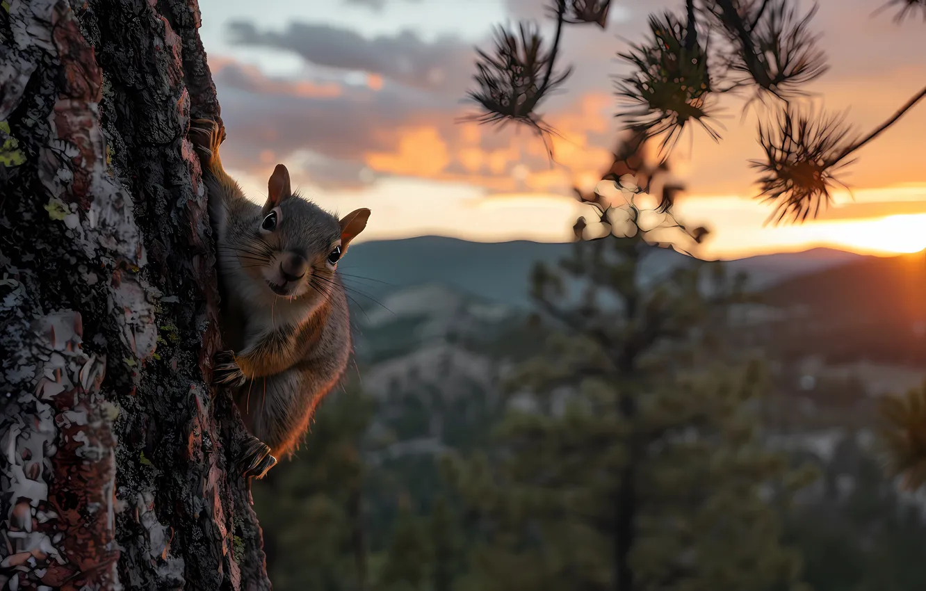 Photo wallpaper trees, nature, animal, dawn, protein, animal, rodent, digital art