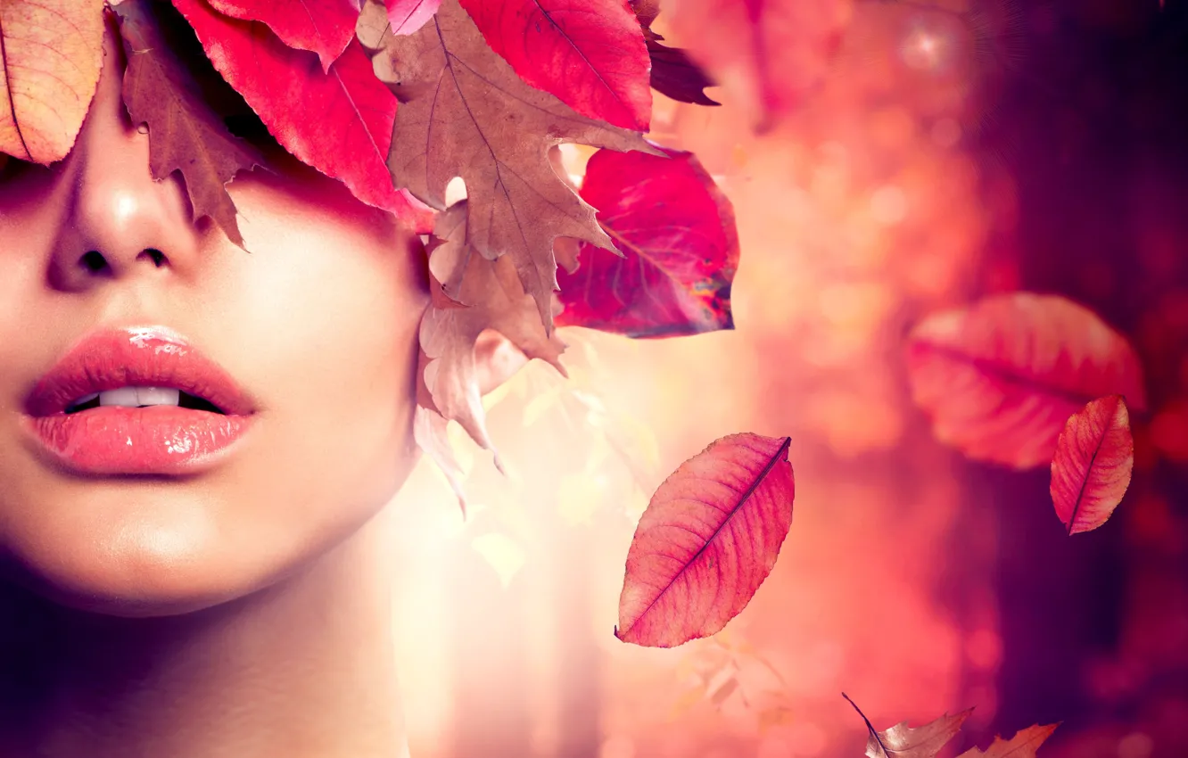 Photo wallpaper autumn, leaves, girl, lips, falling leaves