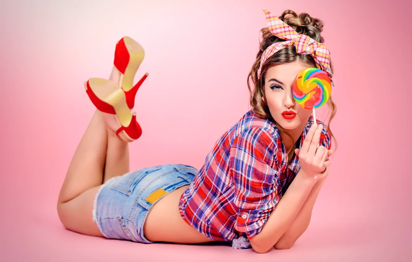 Photo wallpaper look, girl, model, makeup, lipstick, Lollipop