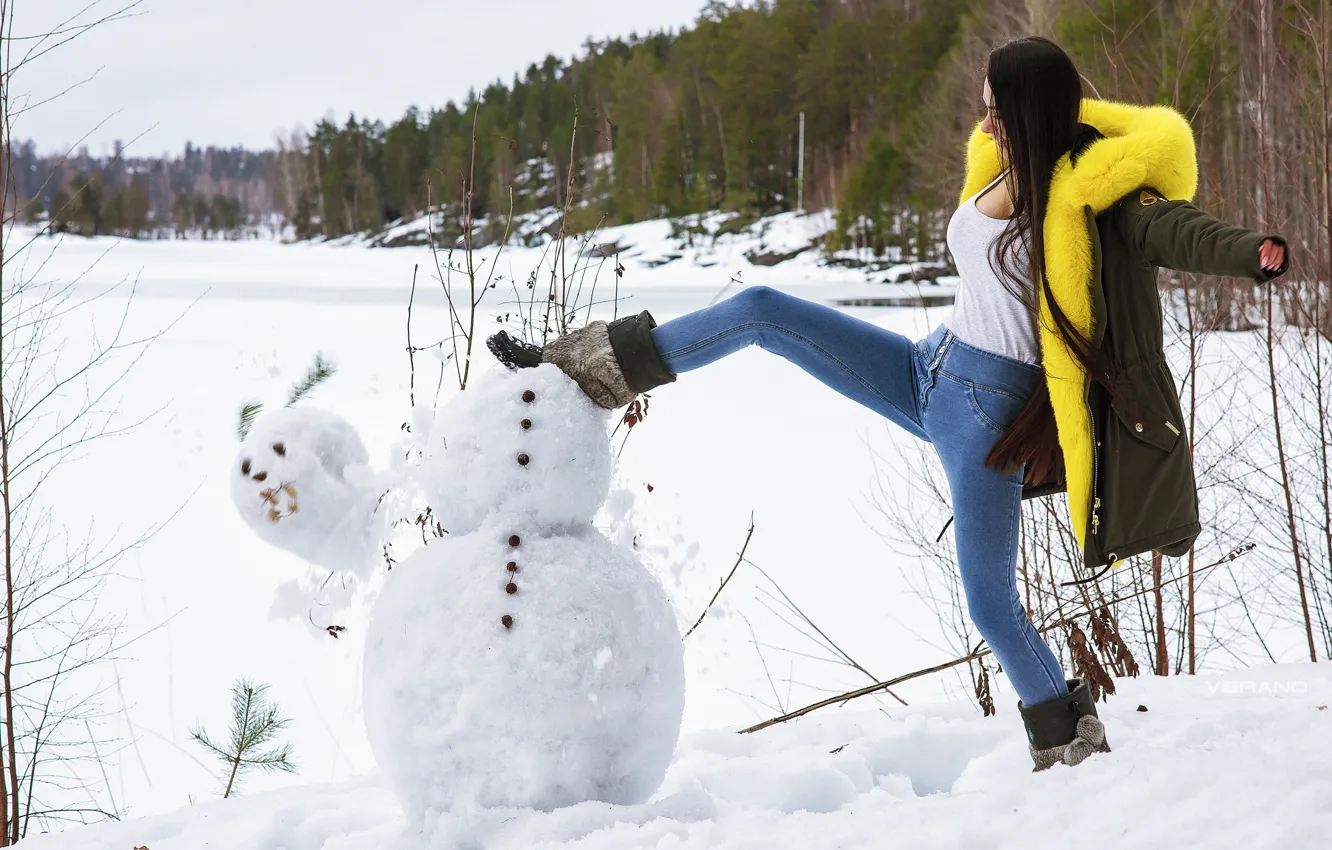 Photo wallpaper winter, Girl, snowman, Helga Lovekaty, Nikolas Verano