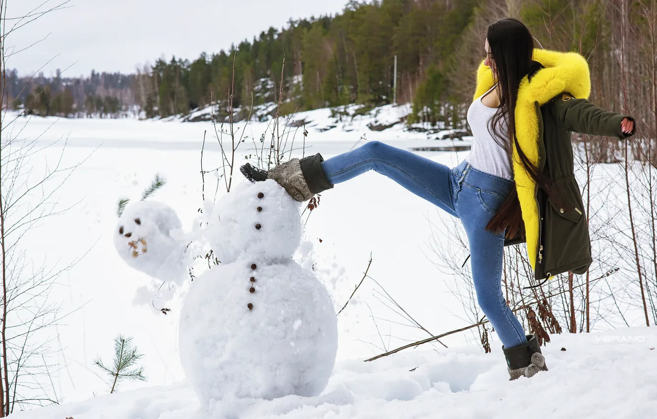 Photo wallpaper winter, girl, snowman, Helga Lovekaty, Nikolas Verano