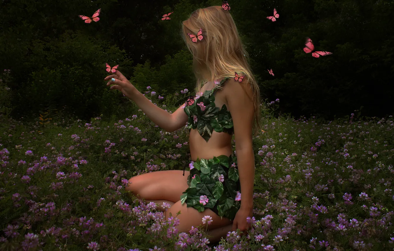 Photo wallpaper summer, girl, butterfly, nature, hair, body, figure