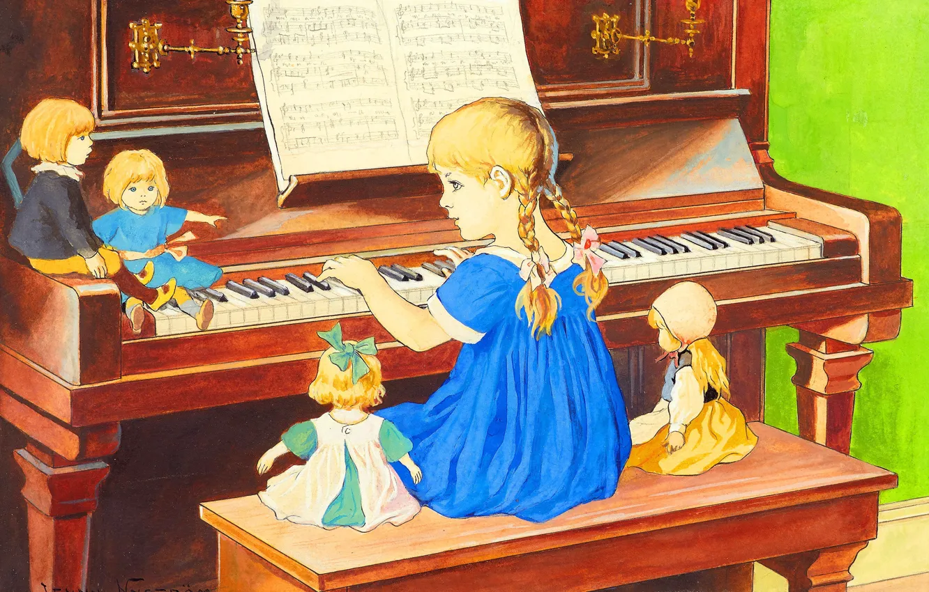 Photo wallpaper Picture, Child, Girl, Doll, Piano, Jenny Eugenia Nyström, The lesson of piano, Swedish artist