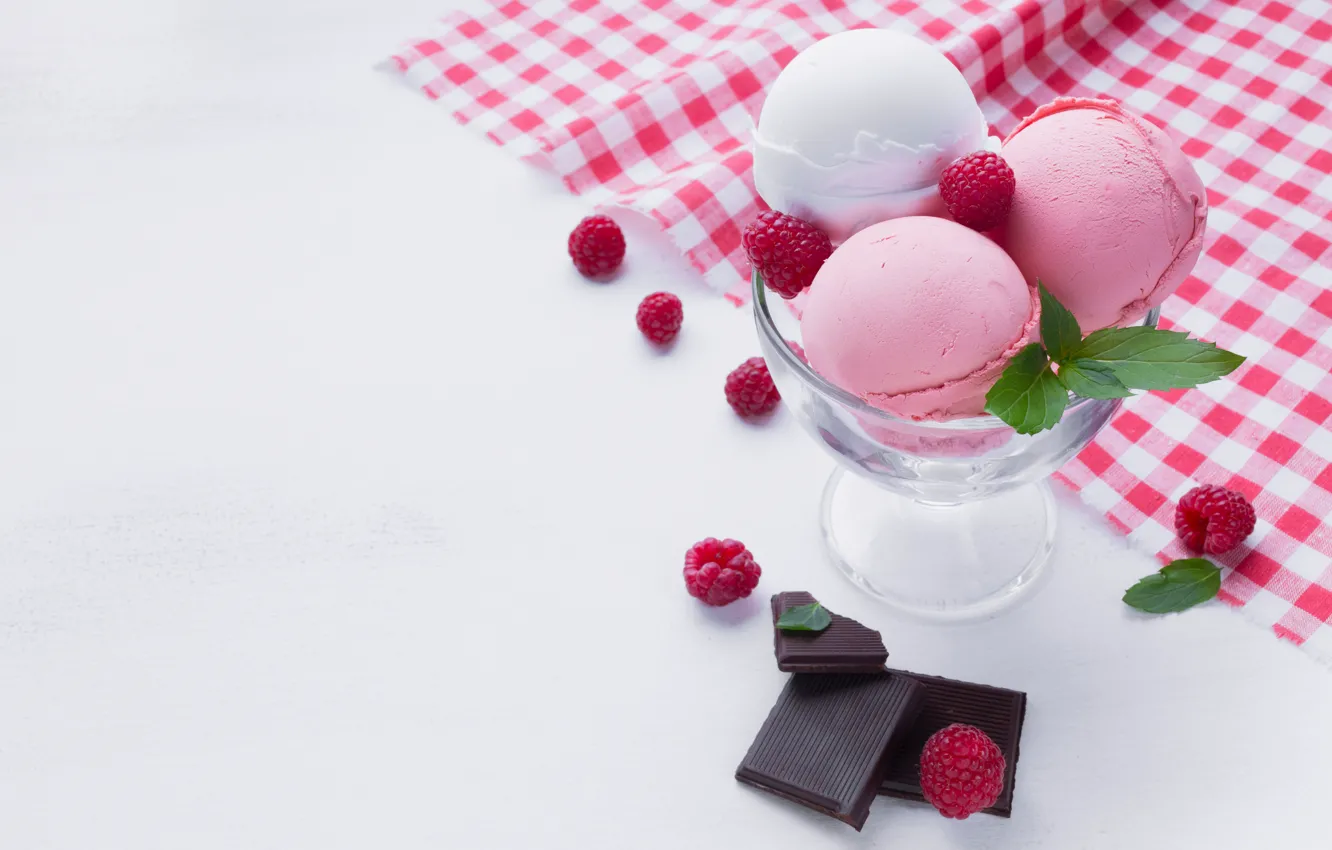 Photo wallpaper berries, raspberry, chocolate, ice cream, dessert, napkin, ramekin