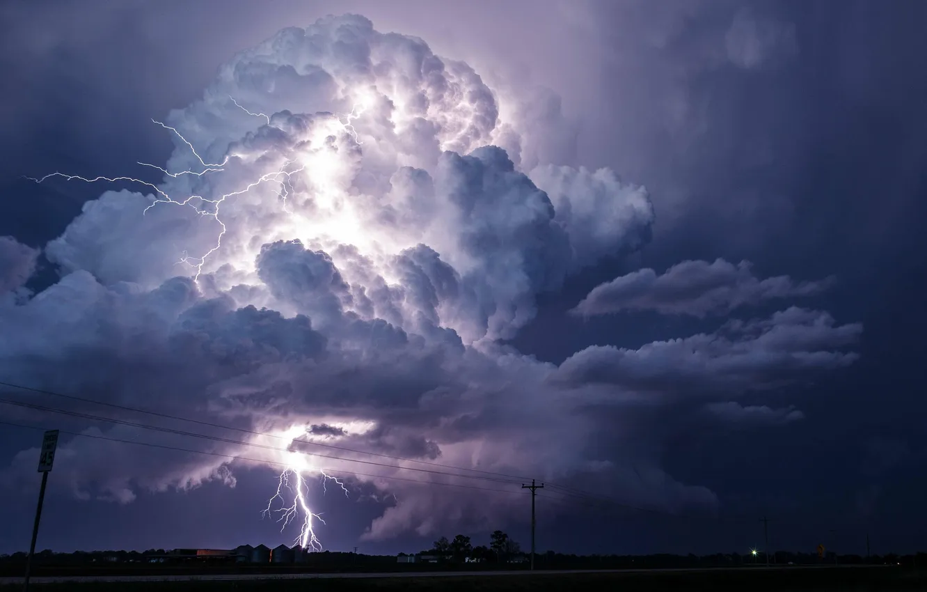 Photo wallpaper the sky, landscape, night, clouds, nature, lights, lightning, twilight