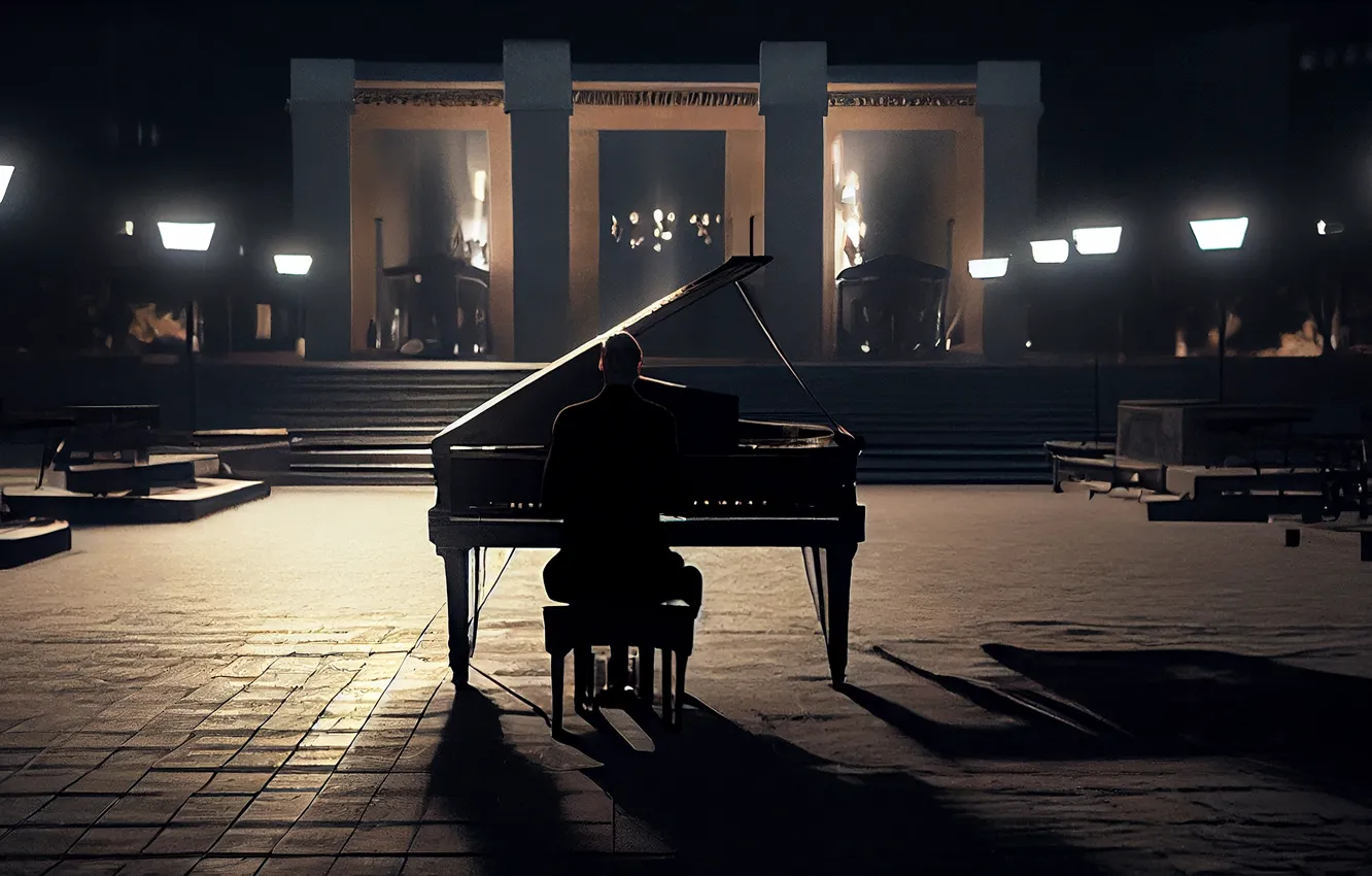 Photo wallpaper light, the dark background, tile, the game, scene, piano, silhouette, concert