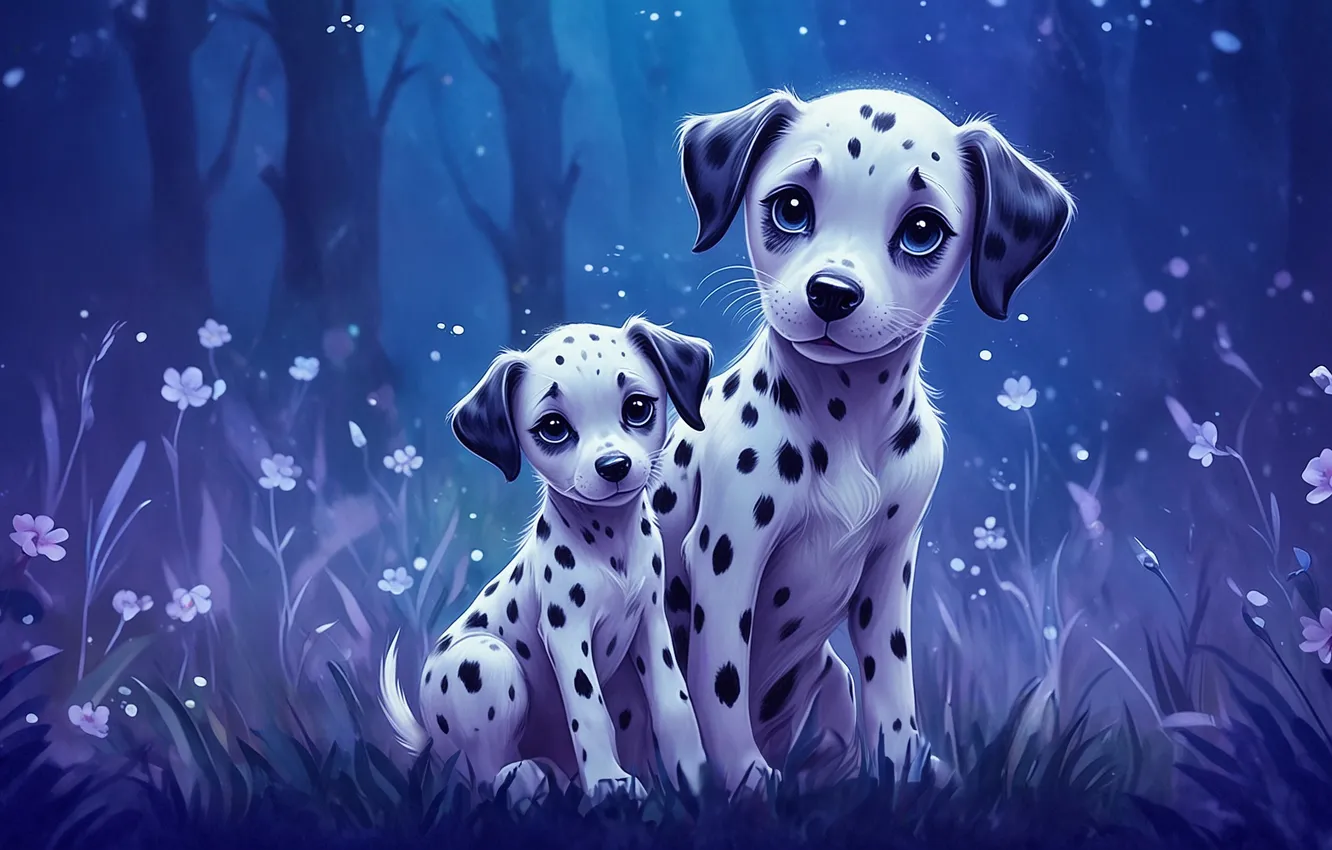 Photo wallpaper flowers, dog, puppy, Dalmatians