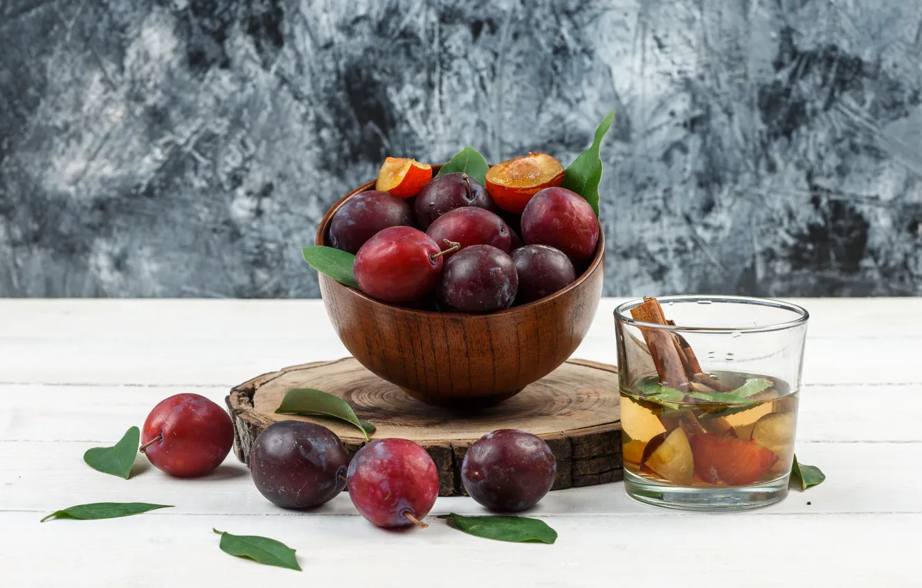 Photo wallpaper glass, table, plum, drain