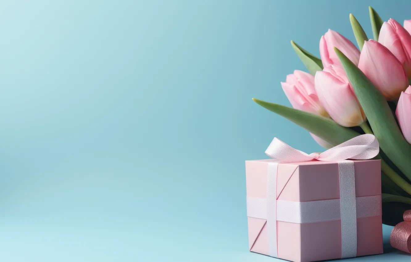 Photo wallpaper flowers, birthday, box, gift, bouquet, spring, Easter, tulips