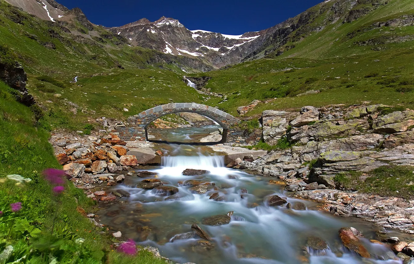 Photo wallpaper mountains, bridge, river, Italy, Valle d'aosta